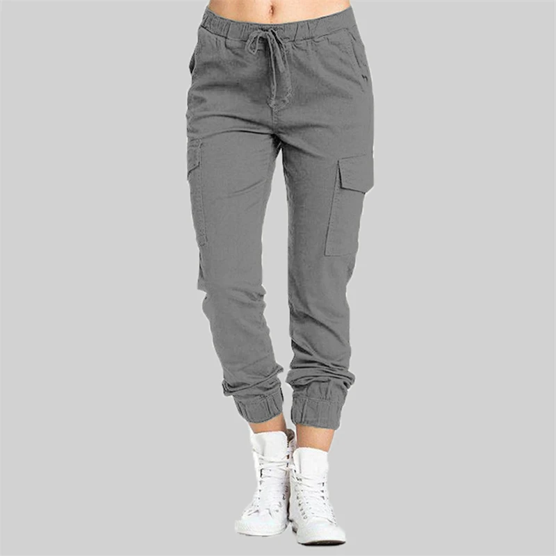 2023 New Solid Jogger Women's Cargo Pants Multi-Pocket Drawstring Elastic Waist Women Sports Pants Streetwear Casual Long Pant