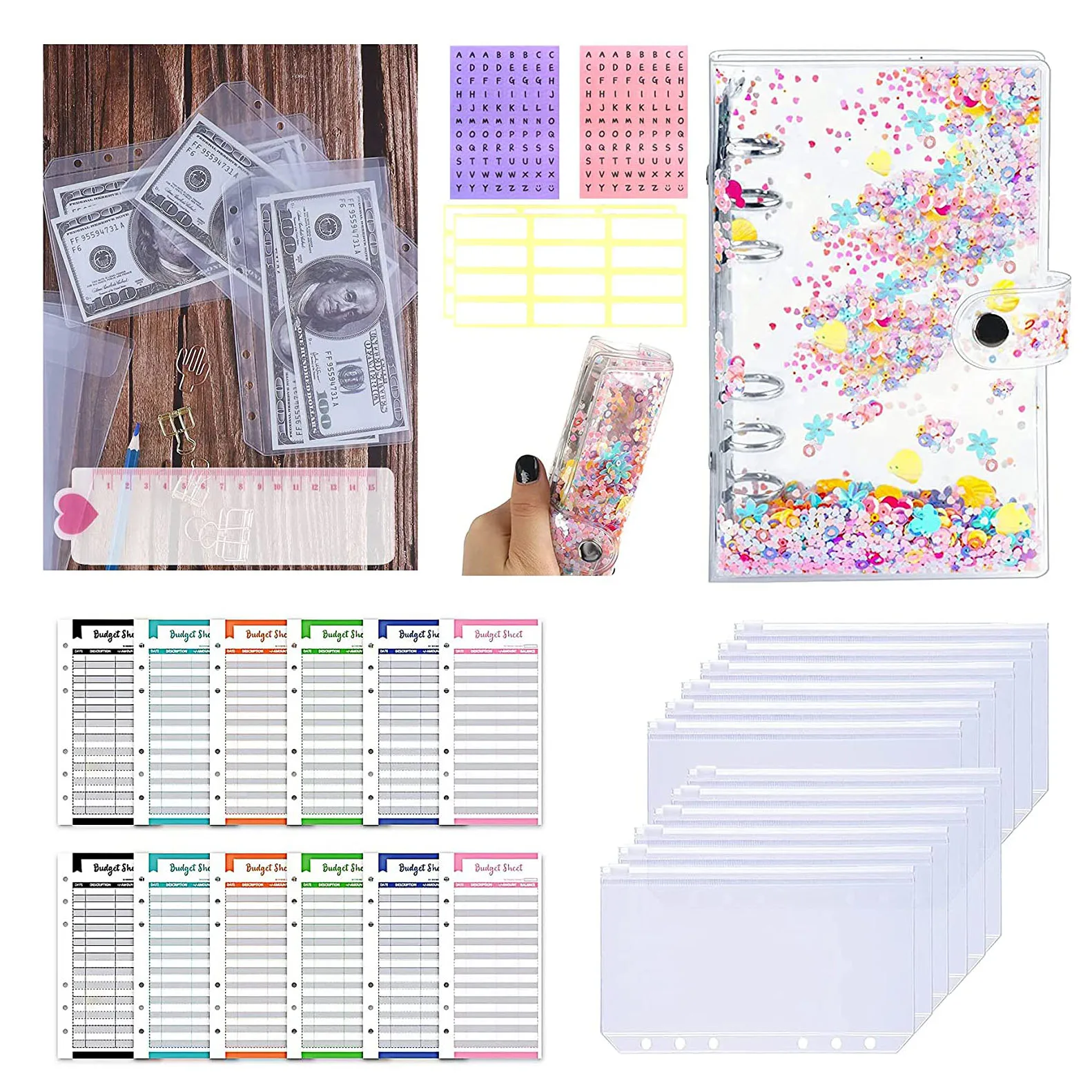 

A6 PVC Sequins Notebook Binder Financial Organizer/Cash Envelopes/Monthly Finance Journal/Expense Tracker,Personal Account Book