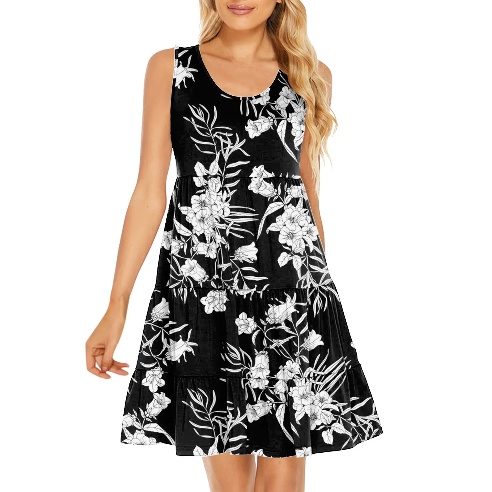 

Женские пляжные платья в стиле бохо с круглым вырезом, вечерние летние мини-платья без рукавов, сарафан, свободное платье, сарафан, женские п...