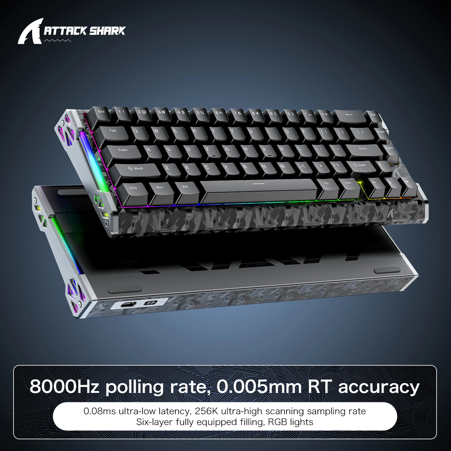 Фото Игровая клавиатура ATTACK SHARK R68 HE 8000 Гц с карбоновыми волокнами и быстрым откликом, 60% RGB, проводная, с датчиками Холла, магнитная, из алюминия с ЧПУ №3
