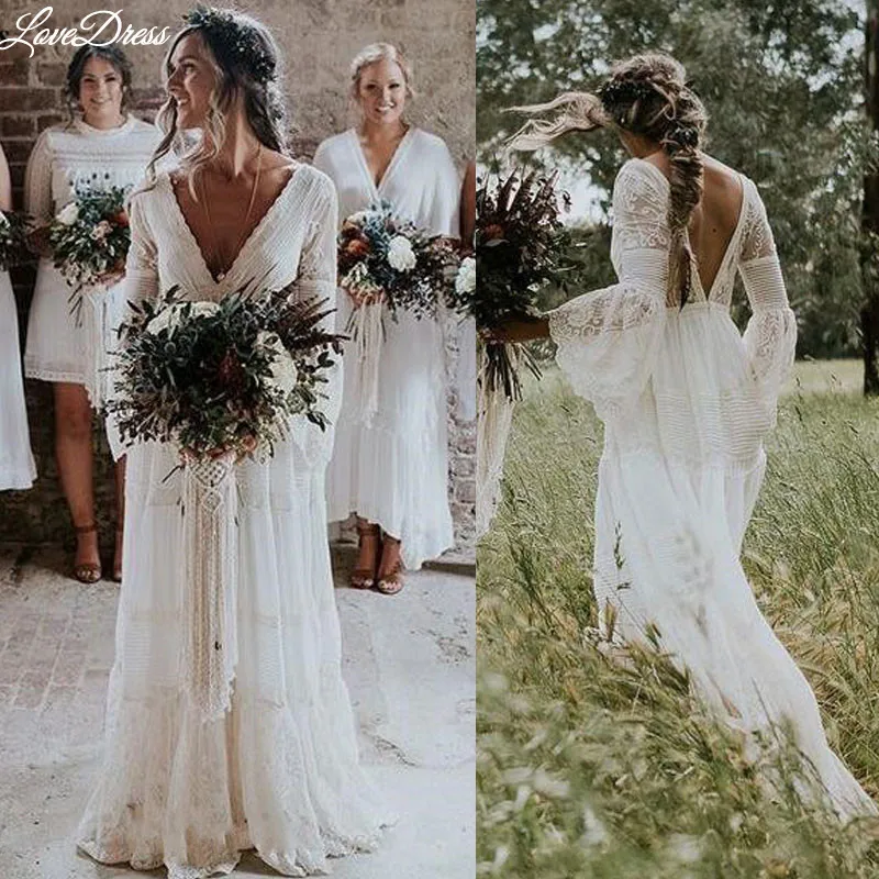 Кружевные свадебные платья в стиле бохо с длинными рукавами трапециевидной