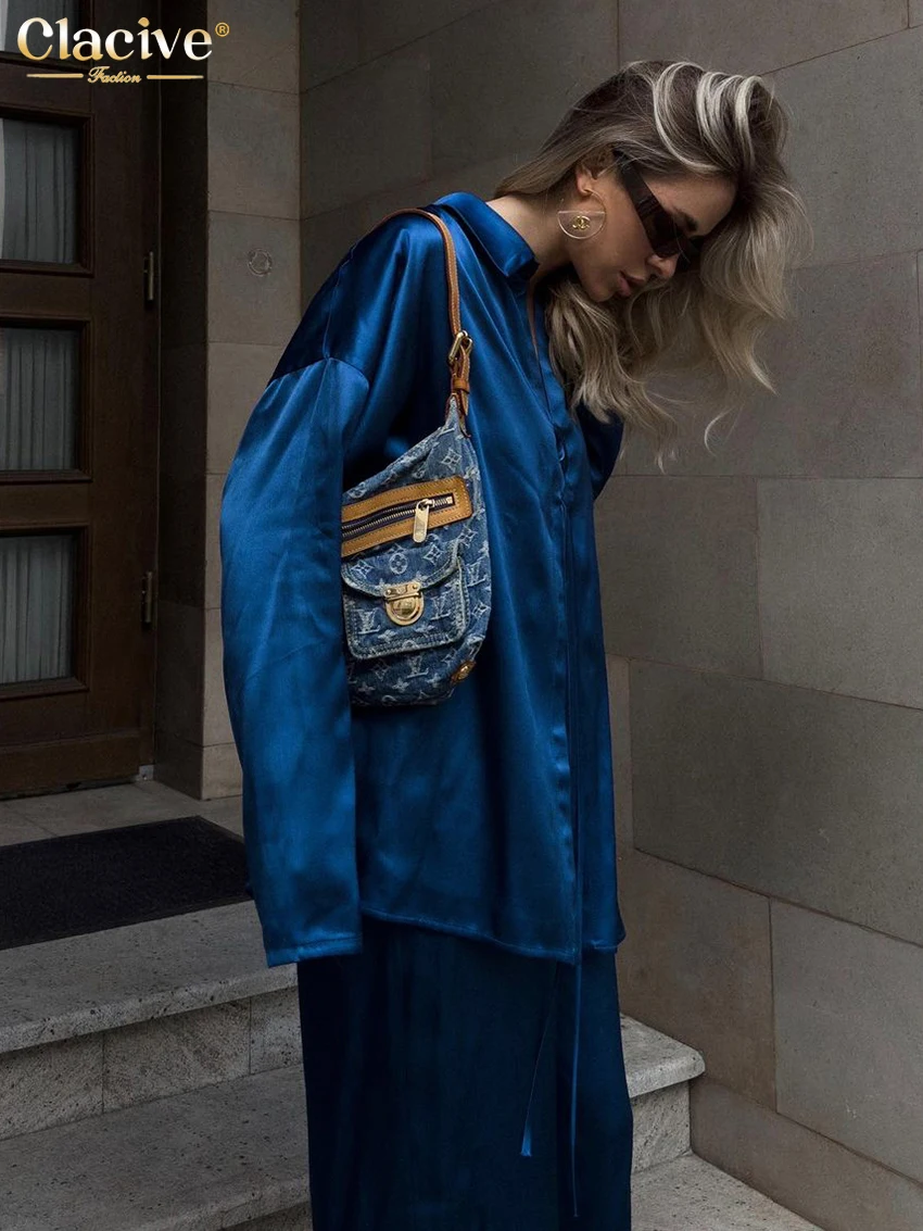 Модные свободные Синие атласные комплекты Clacive из 2 предметов женская одежда 2024
