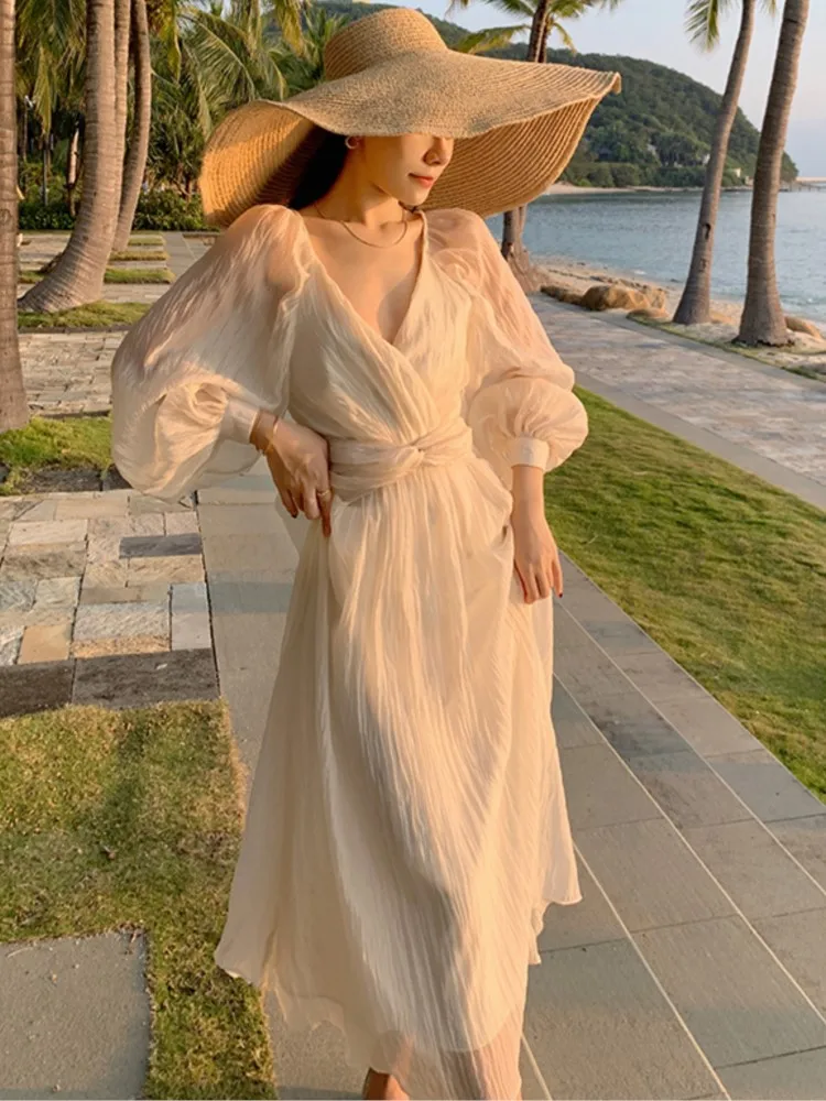 Женское шифоновое платье-миди с рукавами-фонариками и V-образным вырезом