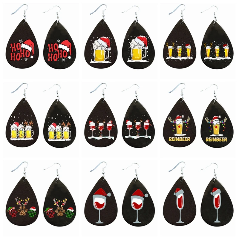 

Wine Glas Santa Hat Christmas Earrings Faux Leather Teardrop Earrings Santa Beer Christmas Earrings