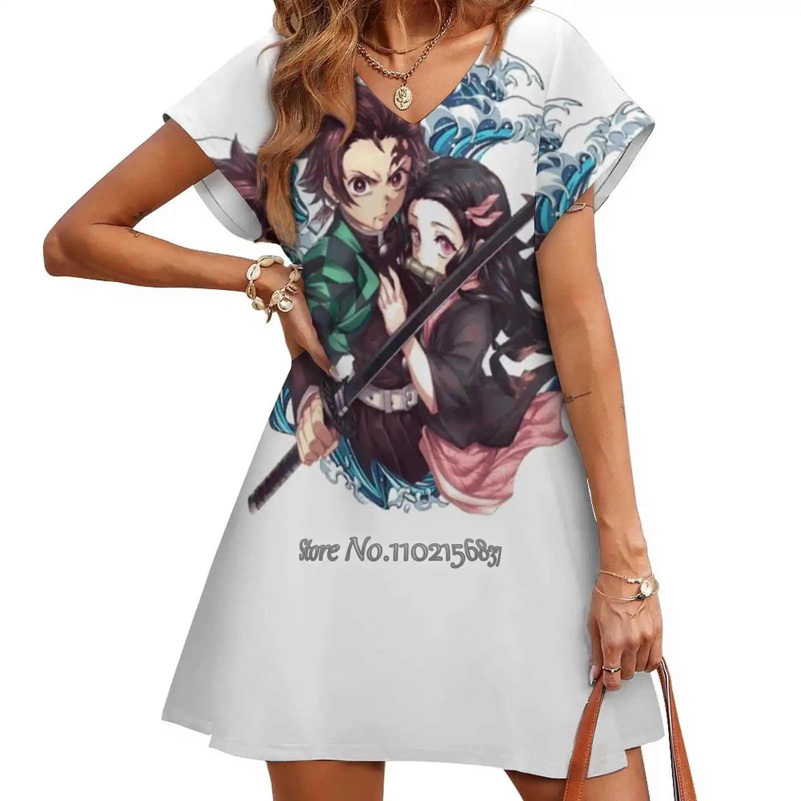 

Женская свободная юбка с V-образным вырезом, коротким рукавом