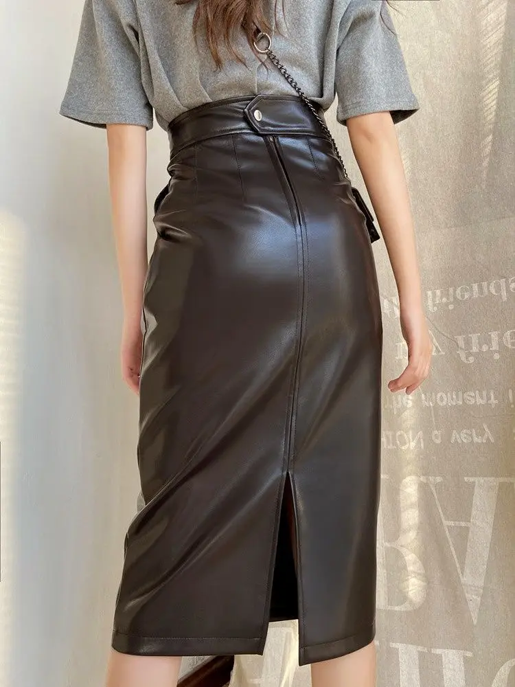 2022 Autumn New  High Waist  Swing Half length Leather Skirt Women's  Spicy Girl Style Women's Dress  black skirt