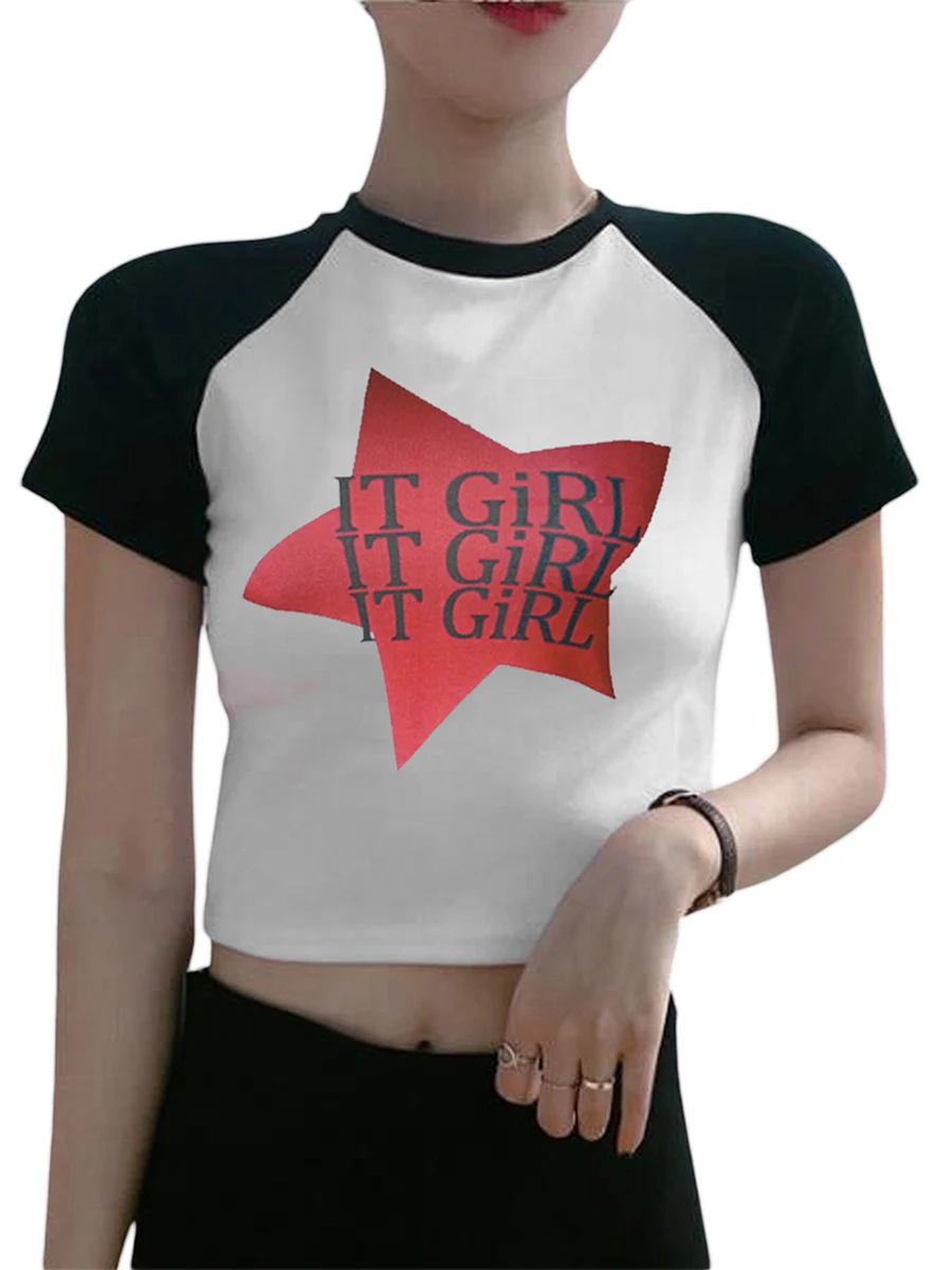 

Women s Fashion Wild Crop Tops Contrast Color Star Letter Print Round Neck T-Shirts Summer Slim Fit Shirts Streetwear