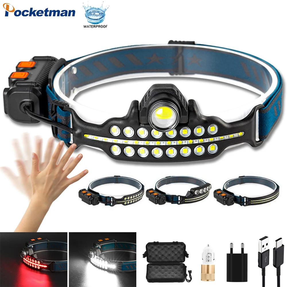 

Powerful Multi-function Sensor Headlight LED+COB Zoomable Source Strong Light Flashlight Outdoor Patrol Fishing Camping Headlamp
