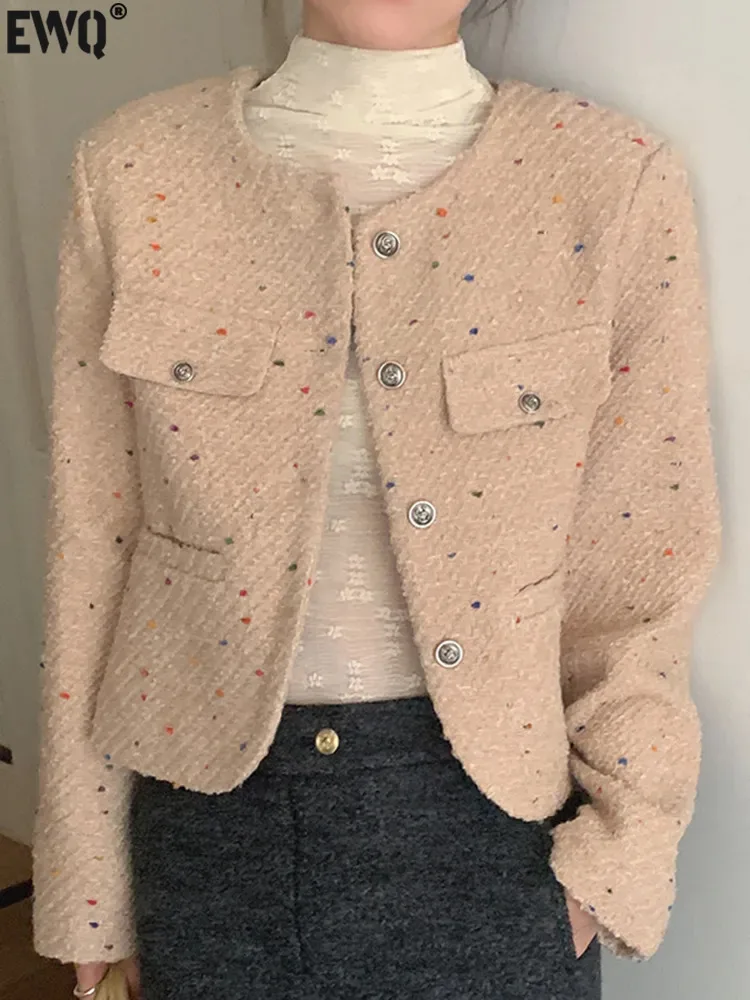 

Женское однобортное пальто в горошек [EWQ], корейское шерстяное пальто контрастных цветов с круглым вырезом, Повседневная Свободная куртка с длинным рукавом, Осень-зима 2023