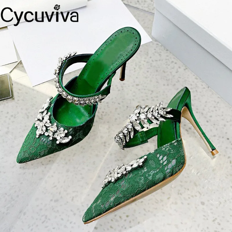

New Green Lace Slides Women Thin Heel Slippers Beading Crystal Mules Braid Weeding Shoes For Woman Designer Sandalias Mujer 2022