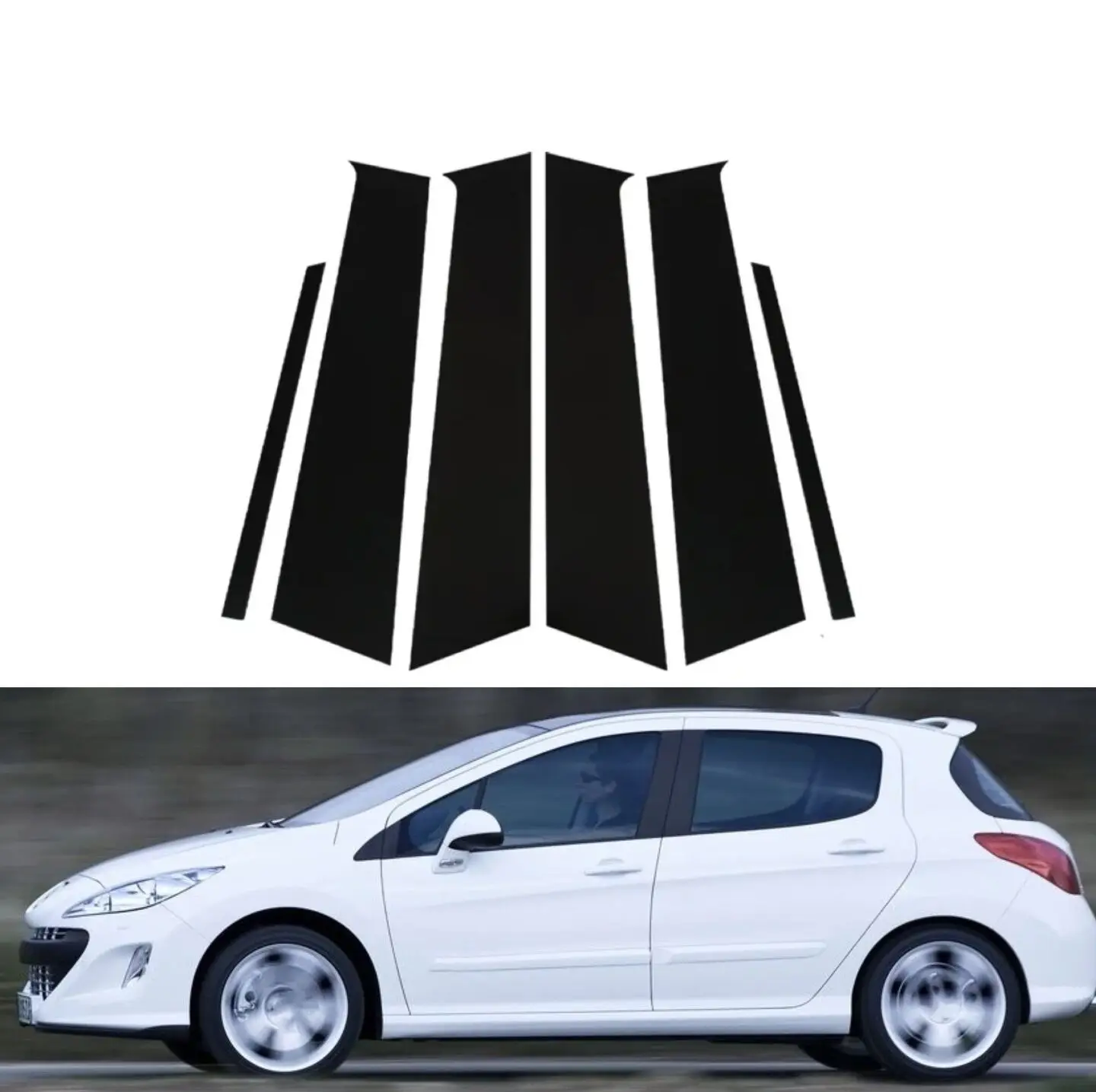 

6 шт. глянцевый черный столб, подходит для Peugeot 308 I (T7) 2008-2013, наклейка на дверную обшивку, окно, наклейки, комплект автомобильных аксессуаров