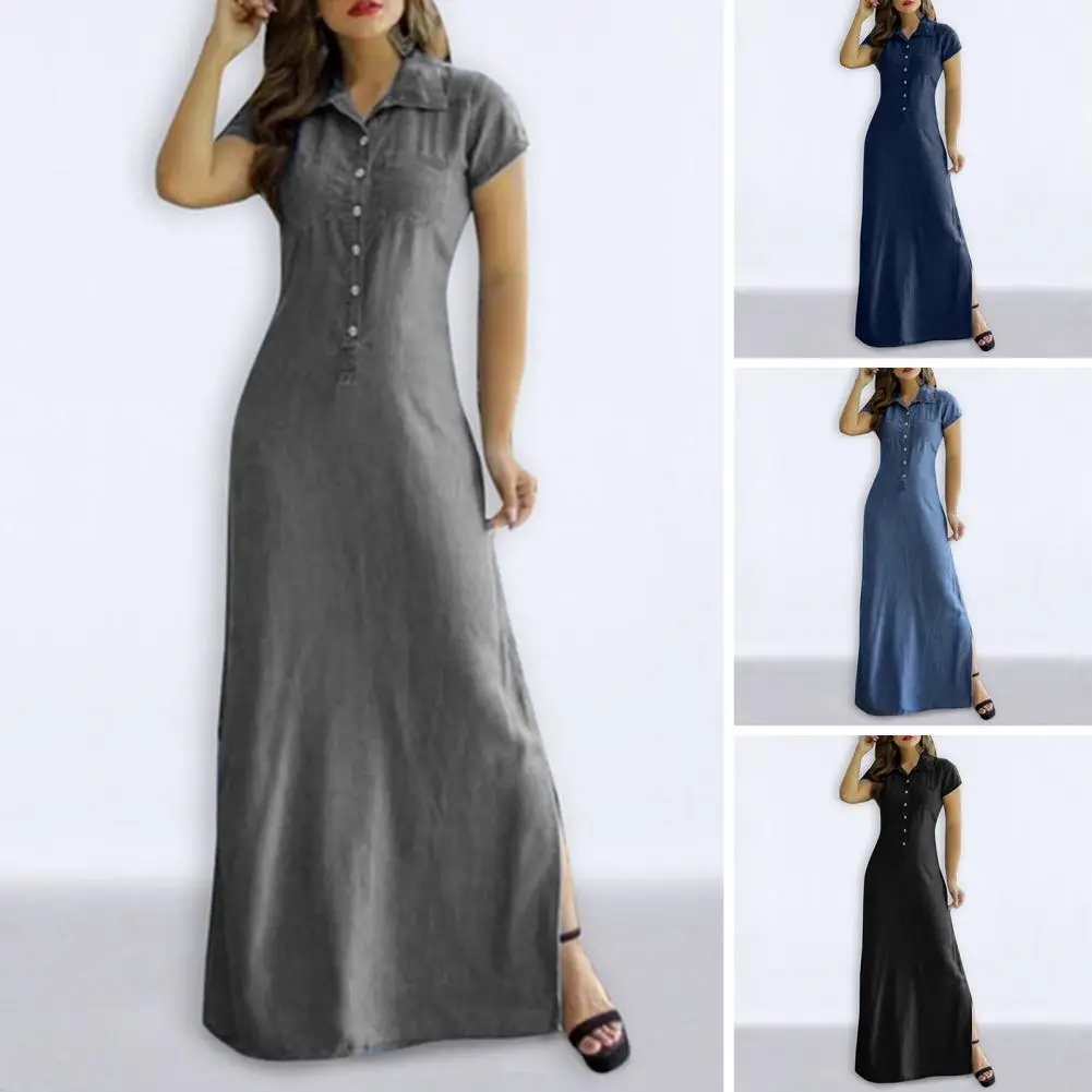 

Summer Dress Women 2022 Casual Turn Down Collar Short Sleeve Denim Dresses Solid Color Slim Dress Vestidos Femme Sundress