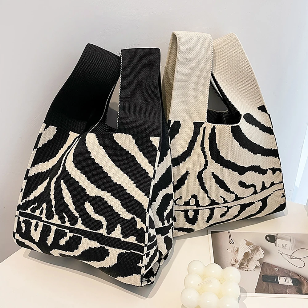

Handmade Knit Handbag Women Mini Knot Wrist-bag Female Casual Color Wide Stripe Plaid Tote Bag Student Reusable Shopping Bag