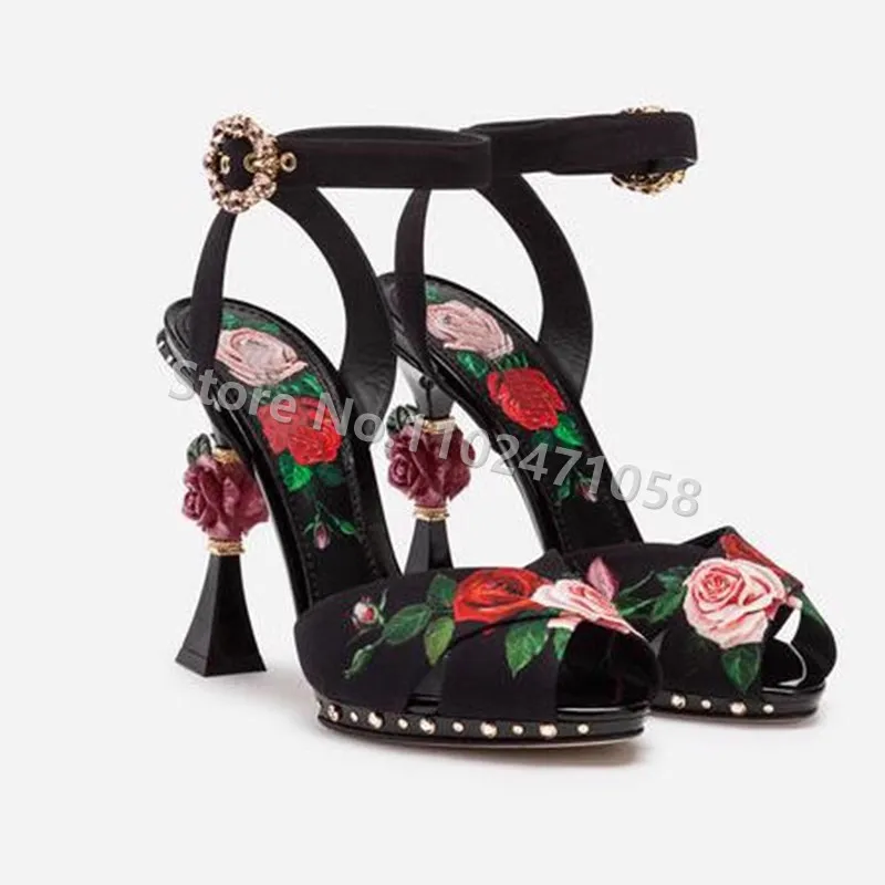 

Retro Romantic Flowers Print Women Sandals Fashion Rose Engrave Thin Heel Peep Toe Pumps Ladies Party Rivet Hight Heels Shoes