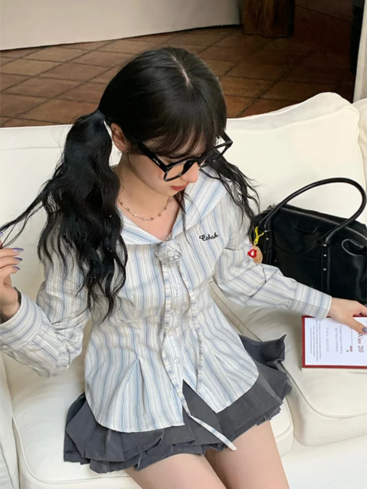 Zoki полосатые рубашки с матросским воротником женские корейские тонкие блузки