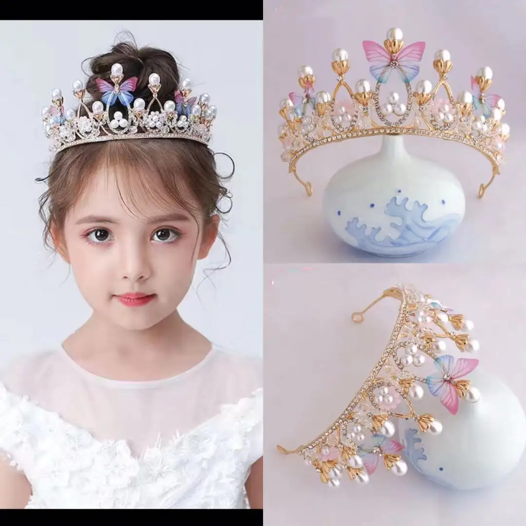 

Butterfly Pearl Crystal Princess Crown Handmade Rhinestone Tiaras for Girls Birthday Wedding Model Catwalk Queen Diadems Decor