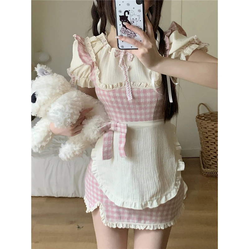 

Sweet Y2K Women Suits 3 Pieces Sets Kawaii Casual Shirts Lolita Plaid Slip Mini Dress Cute Elegant Lady Outfits 2023 Summer New
