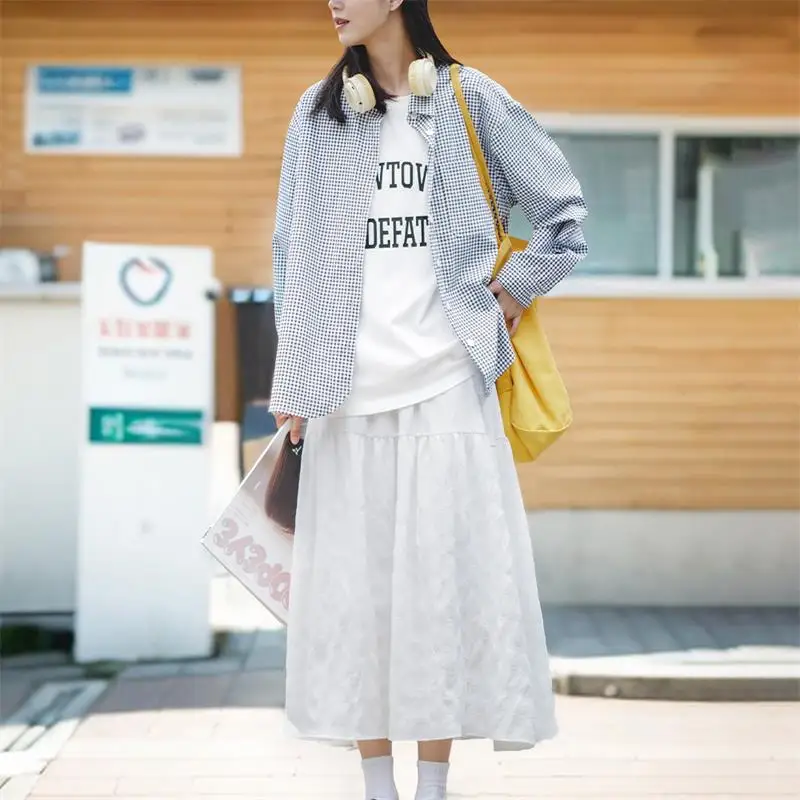 

Maden-Women's French Chic and Elegant Long Skirt, Elastic High Waist, A-line, White Textured Ripple, Pleated Midi Dress, Casual