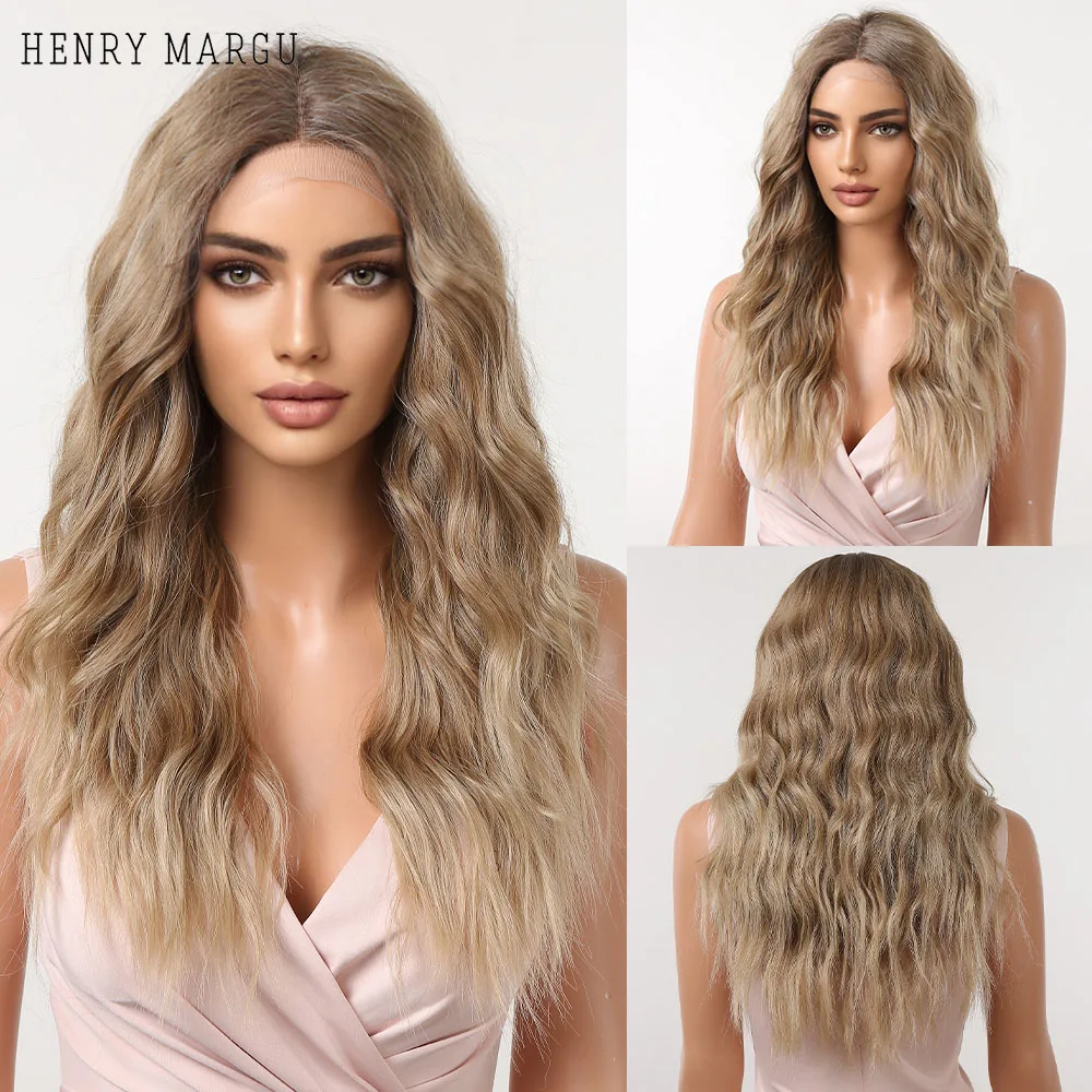 

HENRY MARGU Ombre Blonde Synthetic Lace Frontal Wigs for Women Long Loose Wave Curly Hair Wig T Part Lace Wigs Natural Hairline