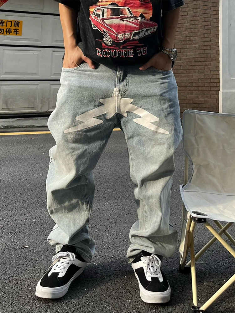 Baggy Jeans Men Y2K Fashion Designer Black Star Printed Trousers Bottoms Streetwear Casual Low Waist Loose Straight Denim Pants