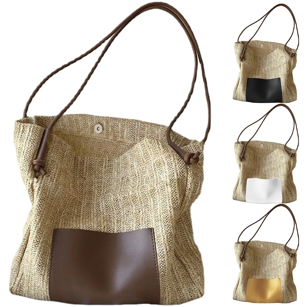 

Women Shoulder Bag Patchwork Straw Summer Tote Bags Purse Large Capacity Woven Handbag Beach Leisure Handmade Bag Holiday Clutch
