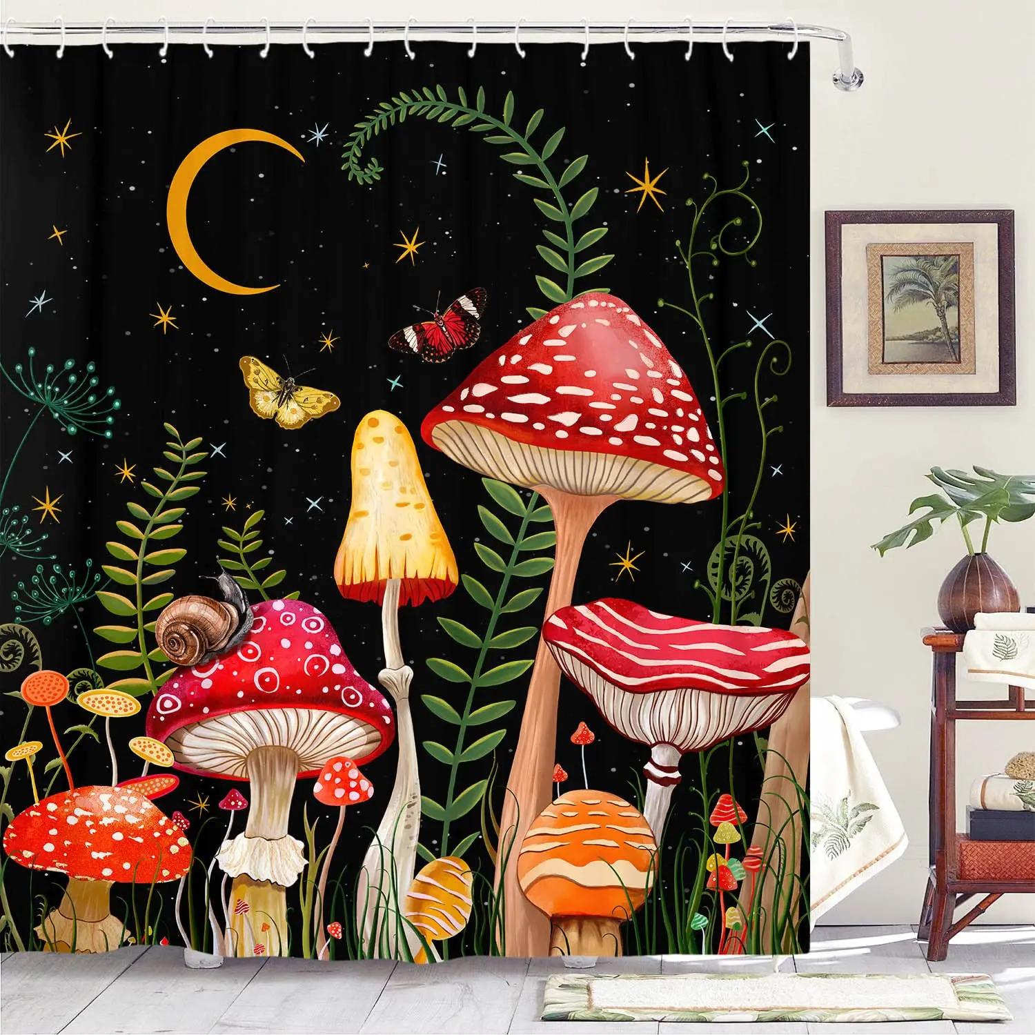 

Shower Curtain Trippy Psychedelic Teal Plant Botanic Mushroom Starry Fantasy Wonderland Forest Waterproof Bathroom Sets