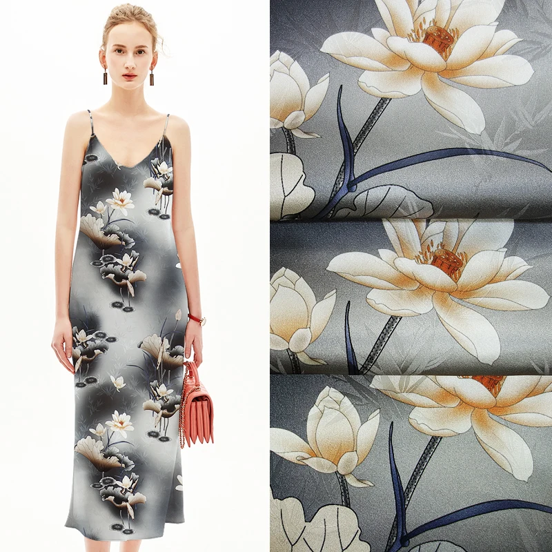 118CM Wide 19MM Gray Lotus Jacquard Stretch Silk Satin Fabric Good for Summer Dress Skirt Shirt Pants JH006
