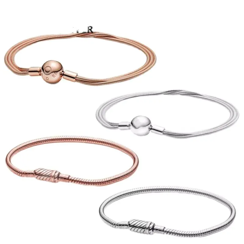 

2022 New 100% 925 Sterling Silver Slide Buckle Snake Chain Bracelet Multilayer Line Bangle Fit Pandora Bead Charm Trendy Jewelry