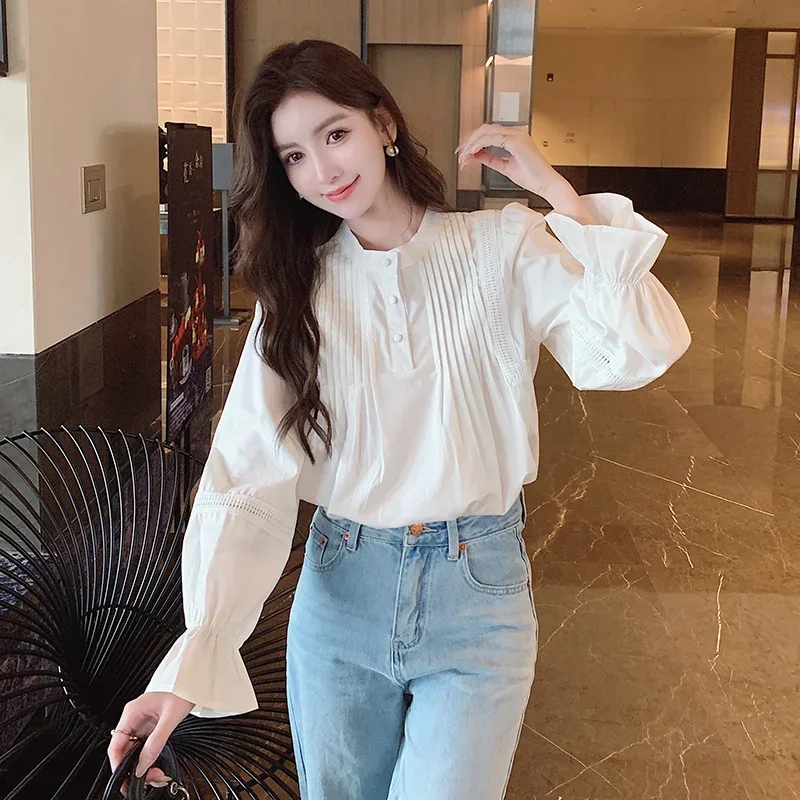 Модная женская блузка с круглым вырезом длинным рукавом рубашка женские топы