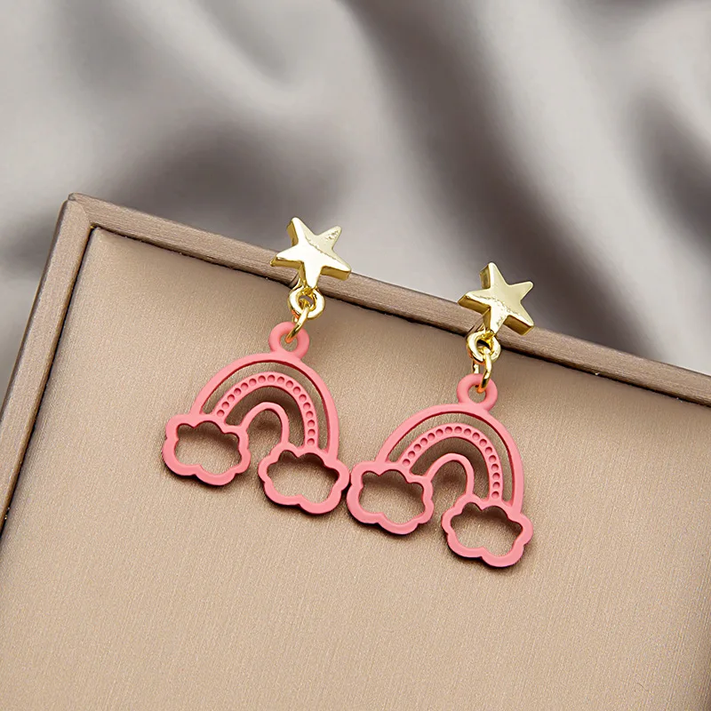

925 Silver Needle Small Fresh Five-pointed Star Rainbow Cartoon Earrings New Cute All-match Earrings for Women Wholesale