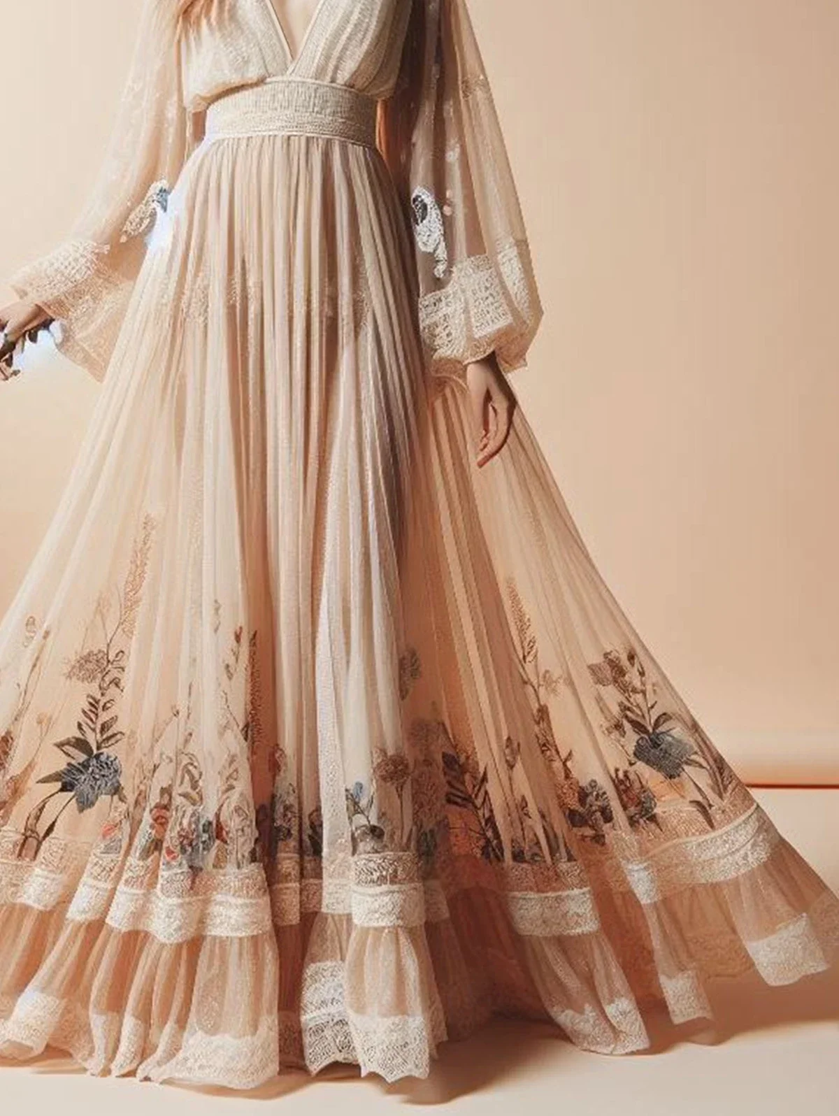 Bohemian Women Dress Elegant Fashion Floral Print Pattern Sexy Deep V Neck Casual Long Sleeve Lace Evening Party Maxi Dresses