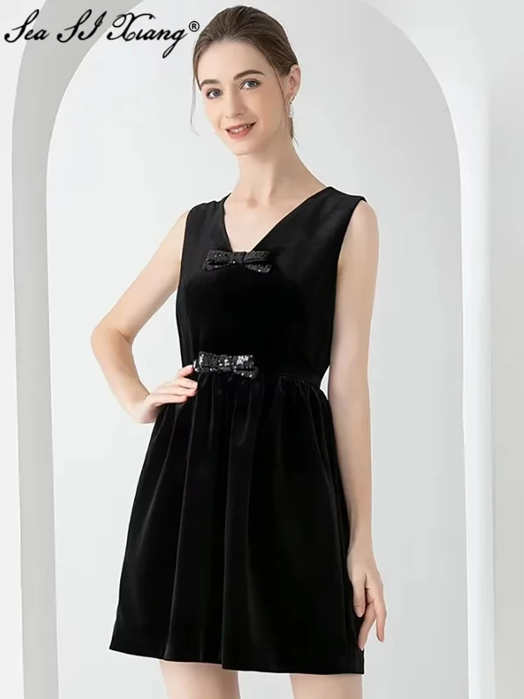 Seasixiang Fashion Designer Spring Summer Velvet Dress Women V-Neck Sleeveless Sequins Bow Vintage Black Mini Dresses