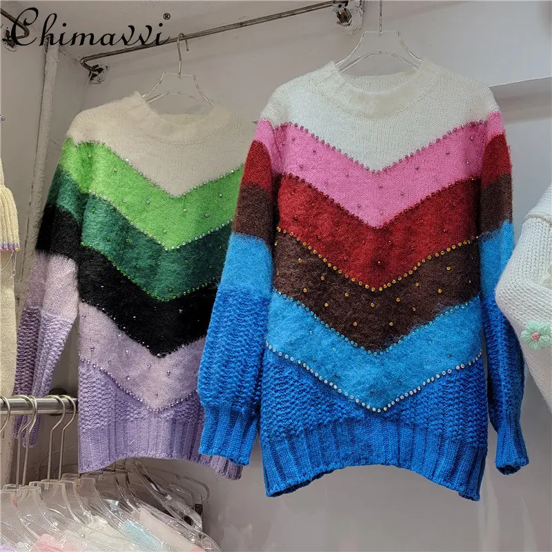 

Heavy Rhinestone Rainbow Striped Loose Slimming Sweater Coat Fashion Round Neck Oversized Pullover Knitted Top Women 2022 Winter