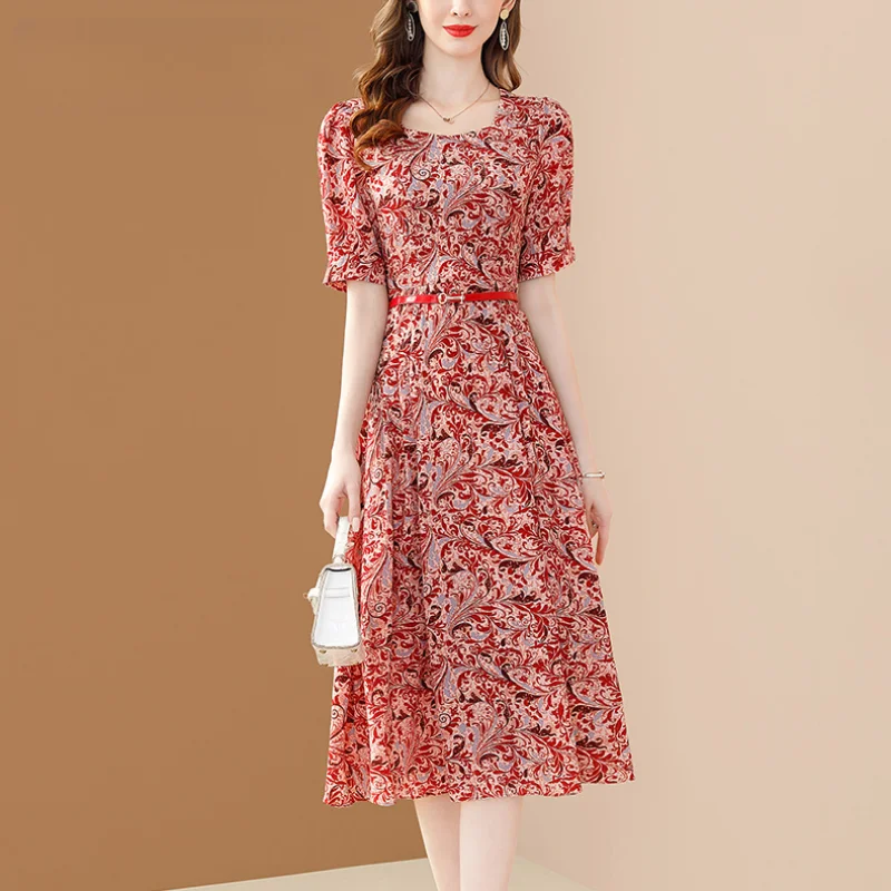 

Шифоновое платье Chikichi с винтажным принтом, Новинка лета 2023, элегантные красные вечерние платья 35-45 лет с квадратным вырезом