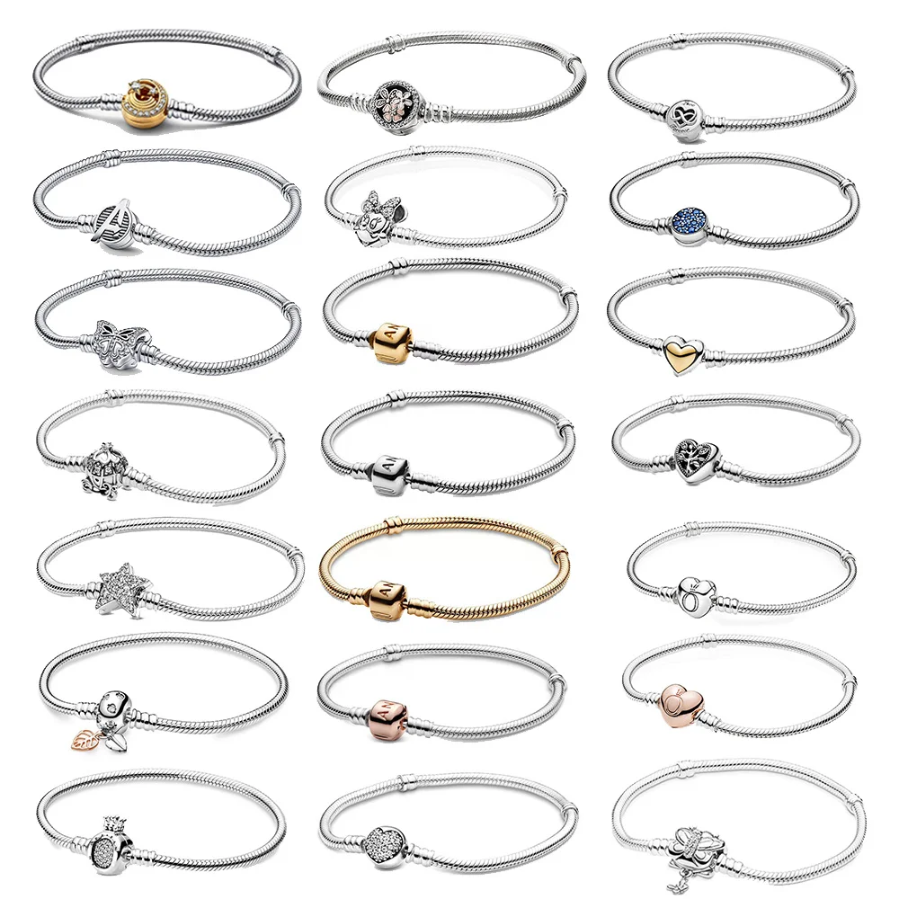 

925 Sterling Silver Pandora Moments Snake Chain Bracelets fit Original Charm Beads Making Jewelry Set for Women Banquet Gift