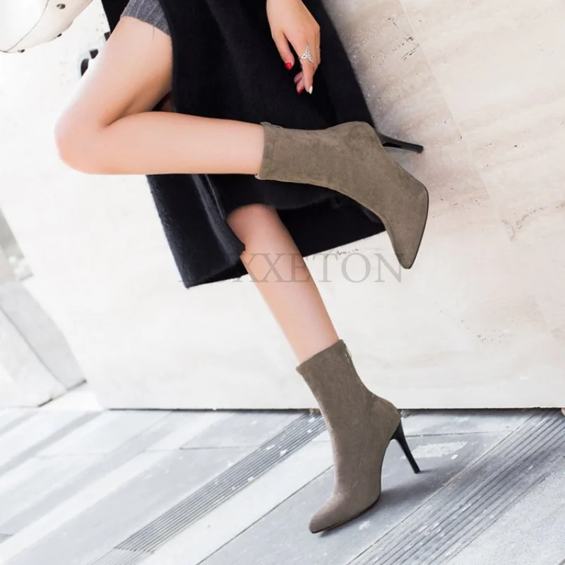 

Pointed Toe Mid Sleeve Boots Elastic Thin Heel Women's Mujer Black Ankle Elastic Fabric Winter High Rome