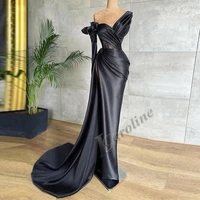 caroline sexy black mermaid evening dress 2022 v neck lace pleats one sleeves side slit prom gowns party de fiesta custom made