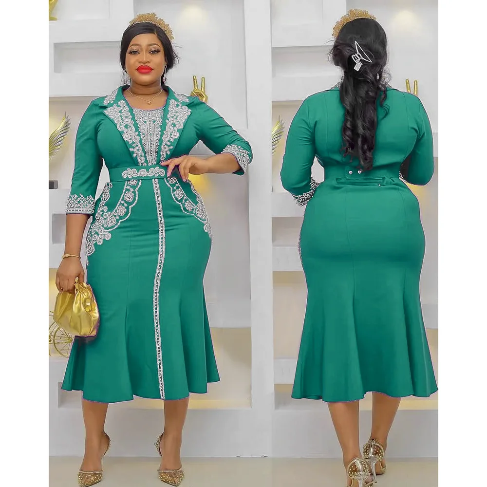 

Dress Beading Three-quarter Sleeve Vestido Mid-calf OL Dresses for Women 2022 Africa Clothing Office Lady Streetwear Vestidos