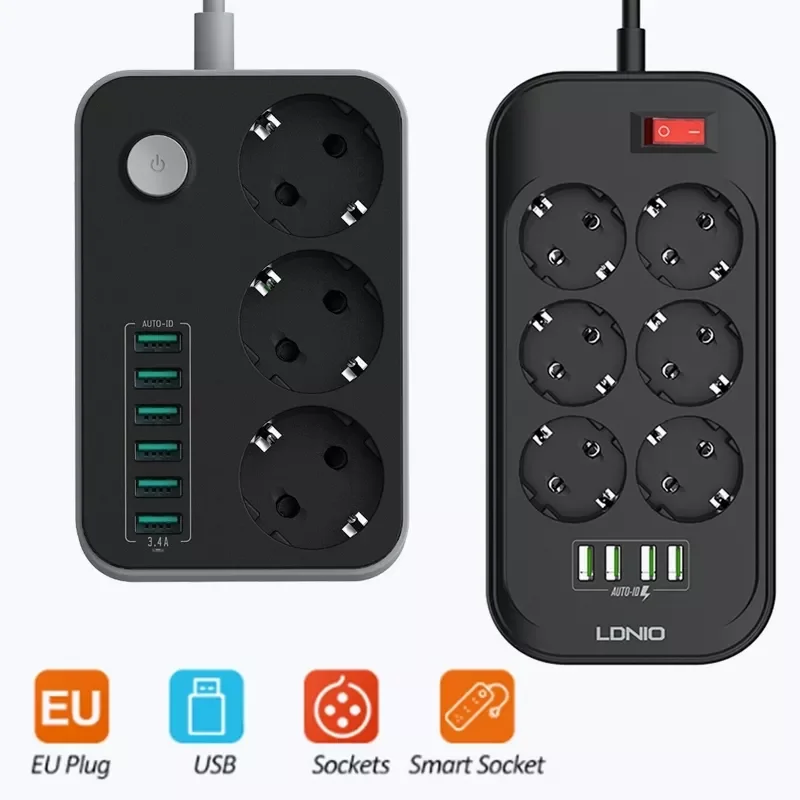 

LDNIO EU Plug Smart Electrical Socket Extension Power Strip 3.4A 4 USB Charger Adapter 6 Outlet Surge Protection Switch Home