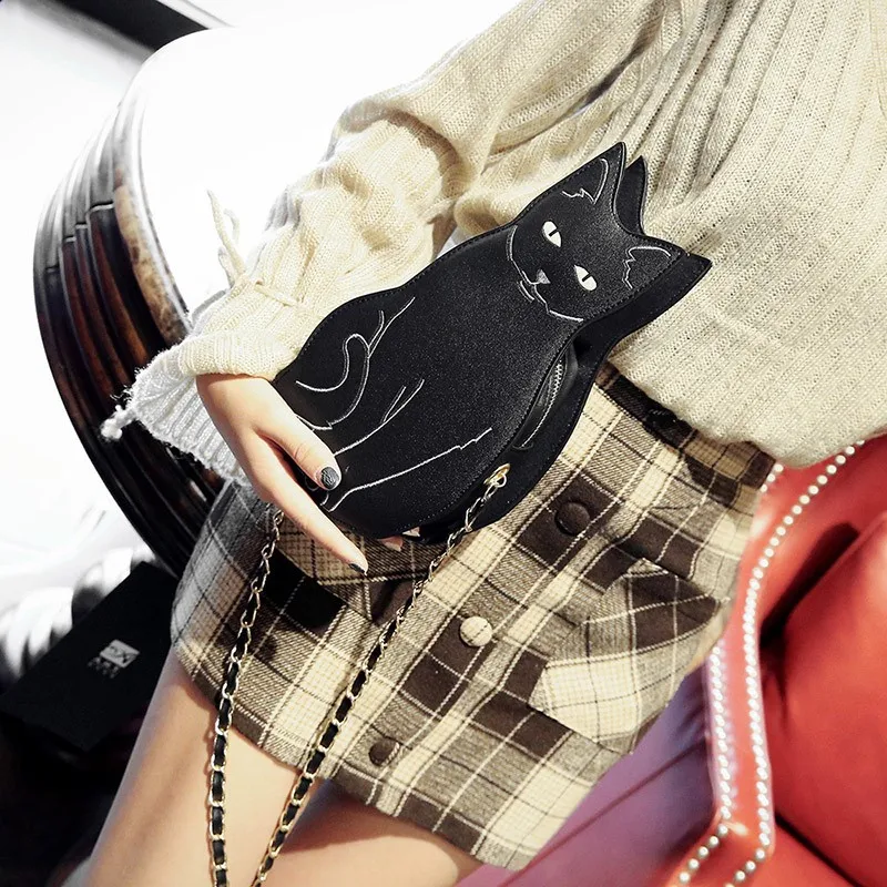 2023 New Cute Black Cat Chains Shoulder Bags Designer Messenger Bag Luxury Pu Leather Crossbdoy Bag Lady Harajuku Small Purses