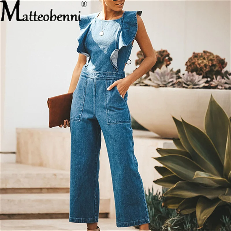 

Sleeveless Ruffles Design Backless Denim Rompers Women Jumpsuit 2023 Spring Autumn Casual One Piece Overalls Streetwear Jumpsuit