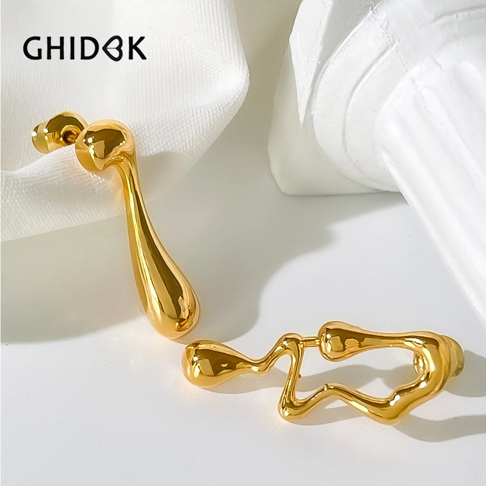 Фото GHIDBK эффектные 18K позолоченные абстрактные Висячие асимметричные серьги для женщин модные Необычные Искусственные серьги №1