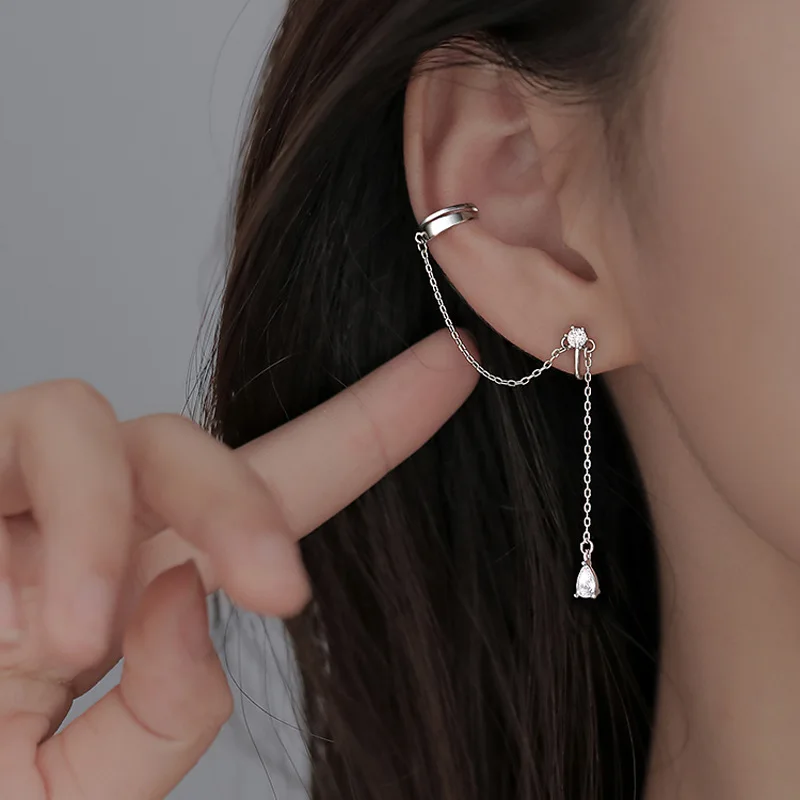 1 Pc Punk Crystal Chain Earrings Ear Cuff Simple Long Tassel Zircon Drop Piercing 2022 Jewelry Fairy Ear Cuff Earring For Women