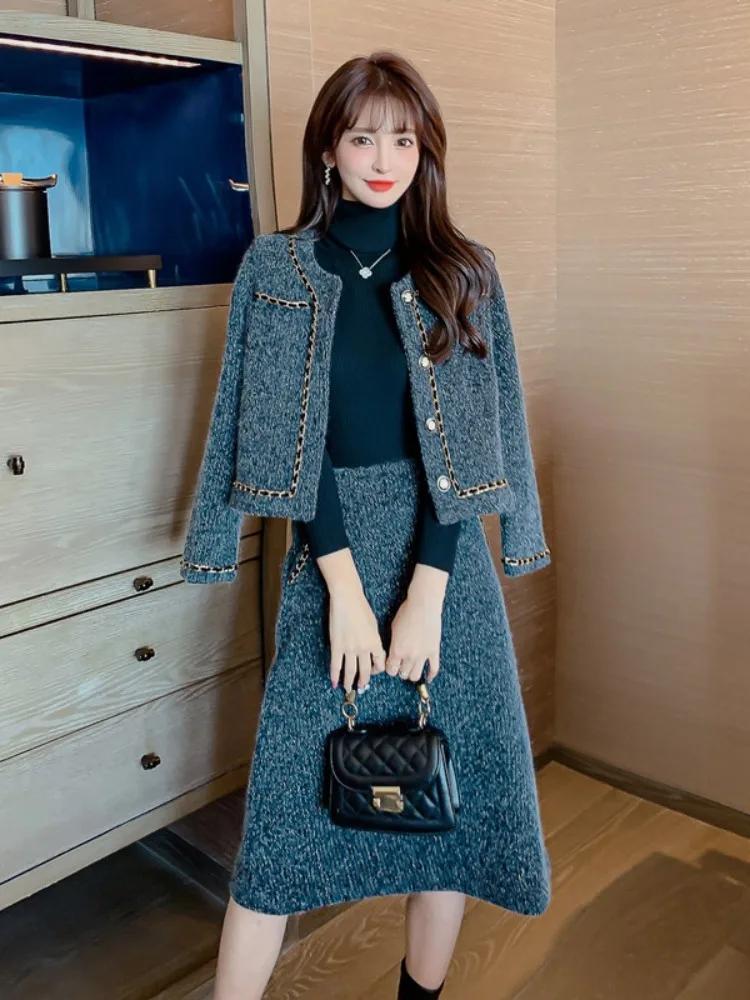

Autumn Winter New Two Piece Set Women Outfits Elegant Single Breasted Chain Patchwork Short Coat+High Waist Slim Skirt Suit