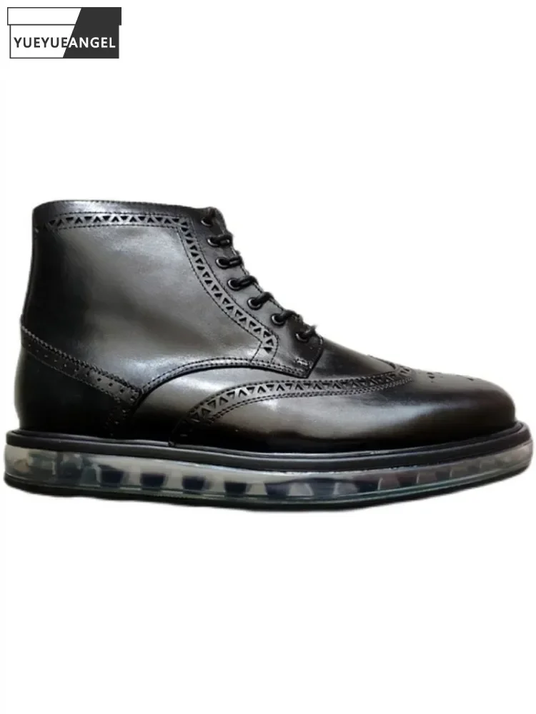 British Style Business Men Autumn Winter Work Ankle Boots Vintage Wing Tip Thick Platform Cowhide Genuine Leather Safety Shoes