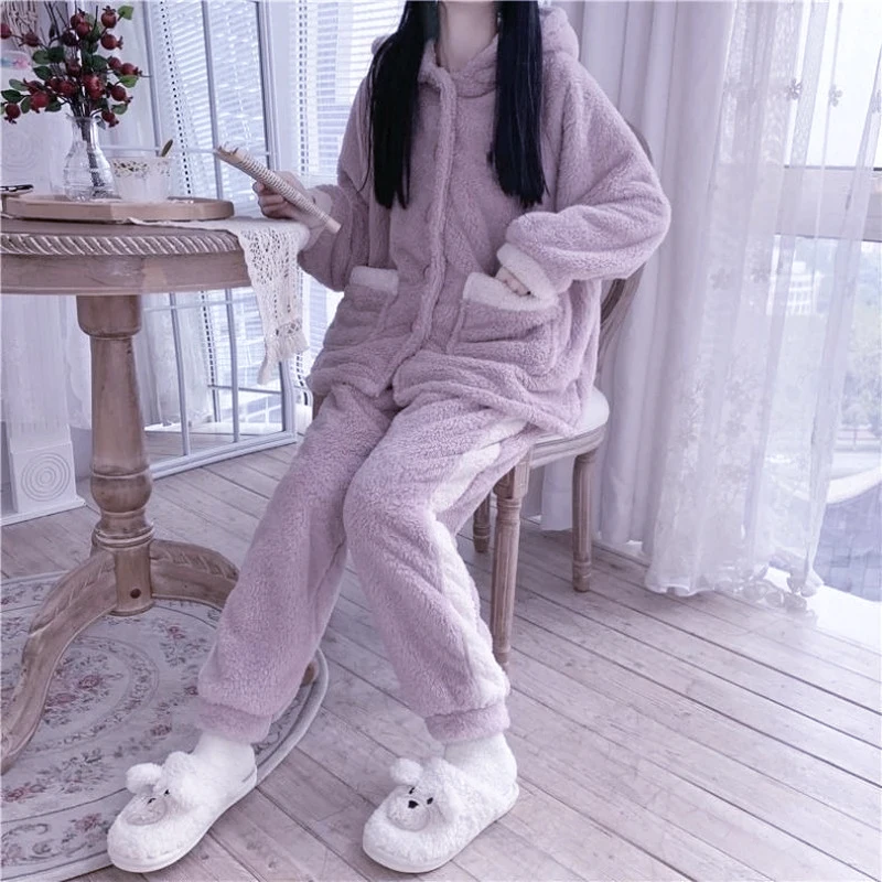 QWEEK Bunny Hooded Women's Pajamas Winter Kawaii Sleepwear Warm Pijama Female Set Woman 2 Pieces Pyjamas Nightwear Girl Pjs Suit