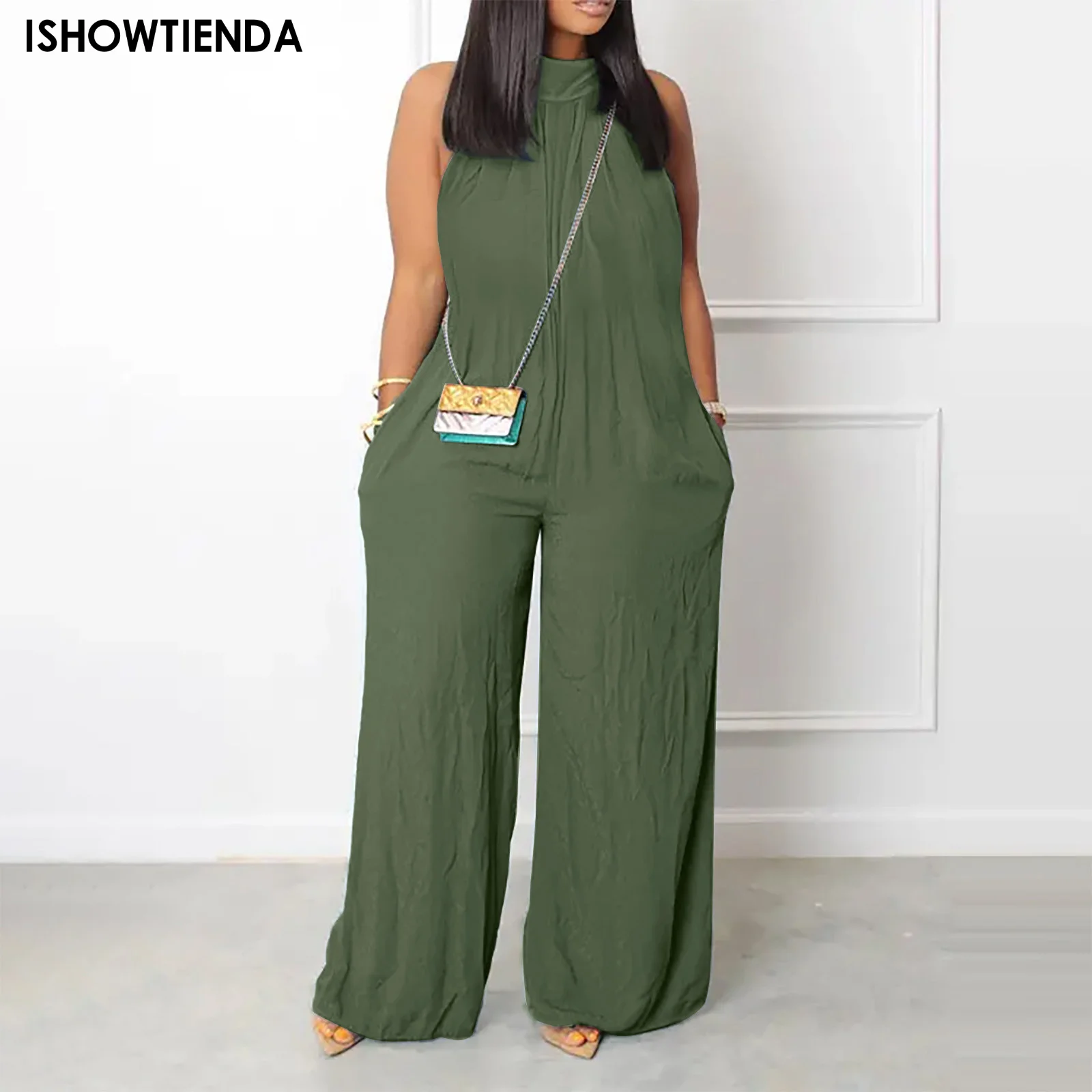 

Women Casual Sleeveless Long Jumpsuit 2023 Summer Wide Leg Pant Tank Playsuit Office Lady Elegant Pocket Waisted Overalls