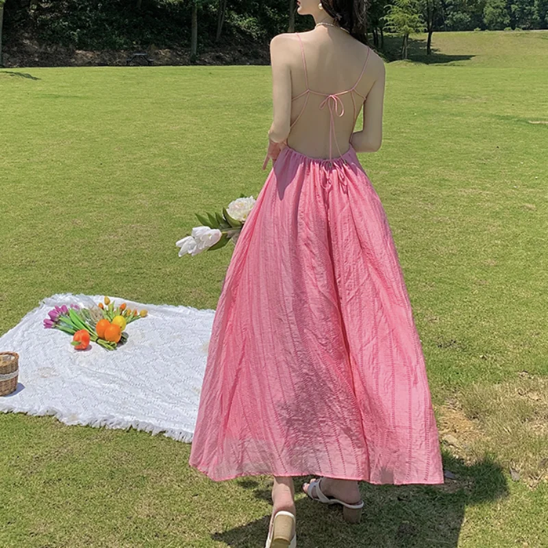 

Пляжное праздничное однотонное милое платье на бретелях-спагетти, женское летнее Новое свободное Повседневное платье с воротником-лодочко...