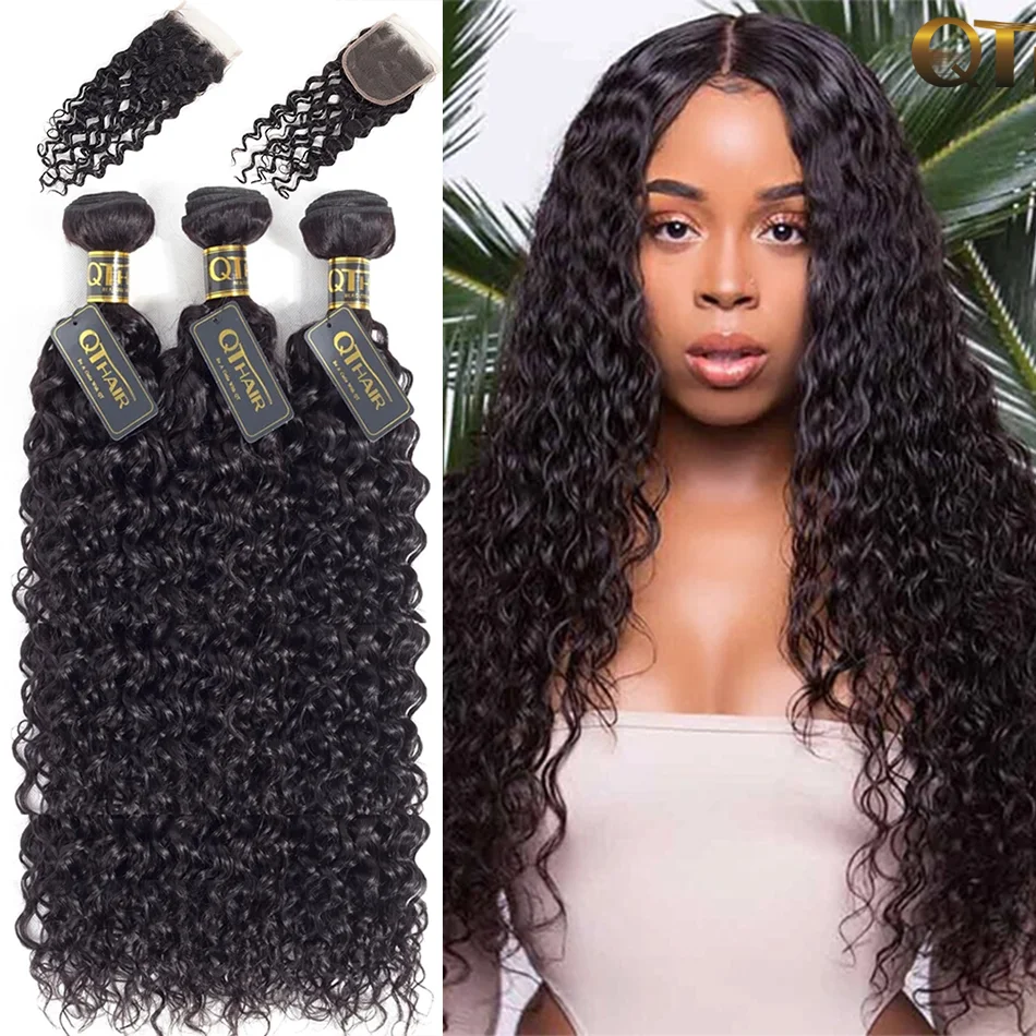 

Water Wave Bundles with Closure Peruvian Wet and Wavy Curly Human Hair Bundles with Closure 4x4 Lace Remy Hair Extensions QT