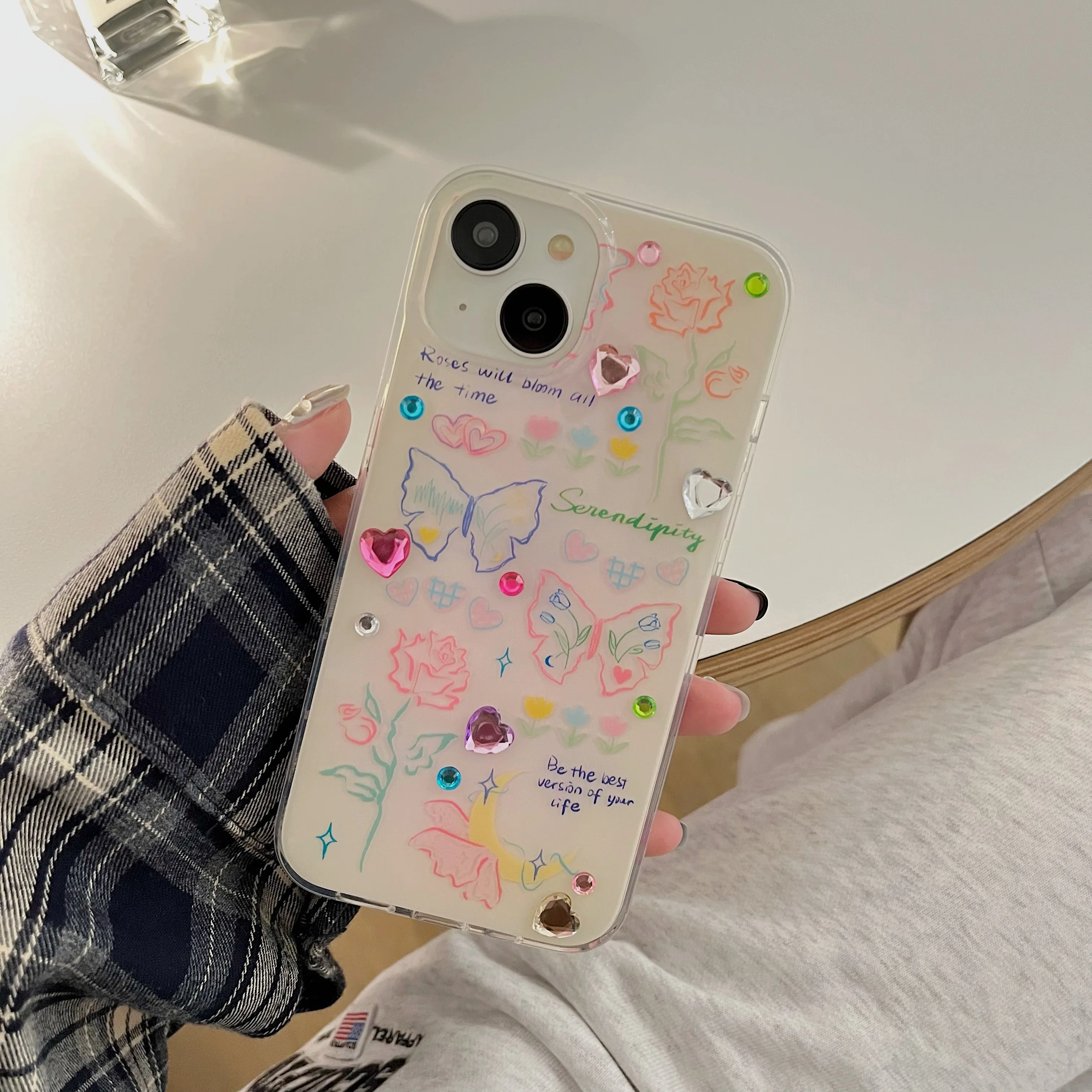 Korean Chic Glittering Hearts Gradint Butterflies Case for iPhone 14 13 Pro Max Plus Back Phone Cover for 12 11 Pro Max Capa